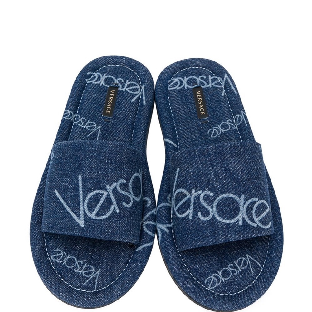 VERSACE Denim Cotton  SLIDES Flat SANDALS